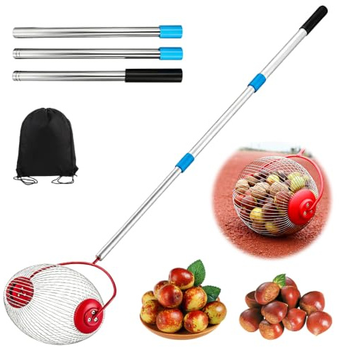 HOVCEH Collecteur de pommes à roulettes - 120 cm - Collecteur de noix - Avec manche télescopique - Pas besoin de se pencher - Pour noisettes, glands, cerises, balles de golf