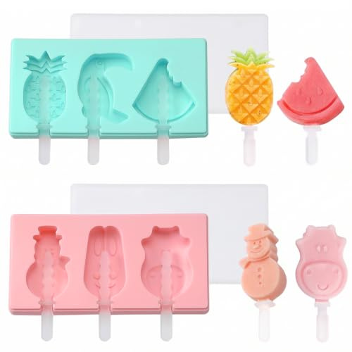 TEHJAM Lot de 2 Moules à Glace en Silicone, sans BPA, Réutilisables, Formes d’Animaux et de Fruits (Bonhomme de Neige, Lapin, Hippopotame, Perroquet, Pastèque, Ananas)