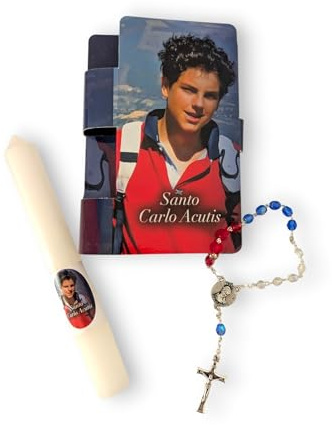 Vela votiva devocional Carlo Acutis con oración en italiano y decena en semicristal, vela de parafina 15 cm, idea regalo religiosa (San Carlo Acutis)