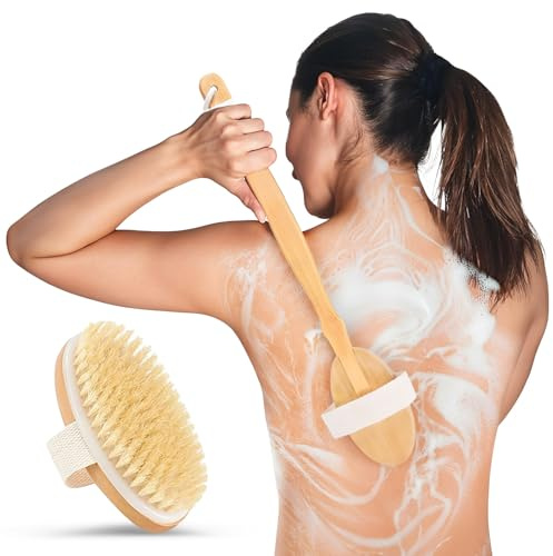 Back Scrubber for Shower - 20 Long Handle Shower Brush - Natural Bristle Back Brush - Ergonomic Handle + Silicone Anti-Slip Grip - Great Gift Idea - Men, Women + Seniors Love This (Regular Bristles)