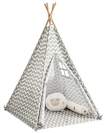 SoBuy Kinderzelt Indoor mit Tür und Fenster Zelt Kinder Spielzelt Kinder Spielhaus für Kinderzimmer Weiß/Grau 109x165x109cm OSS03