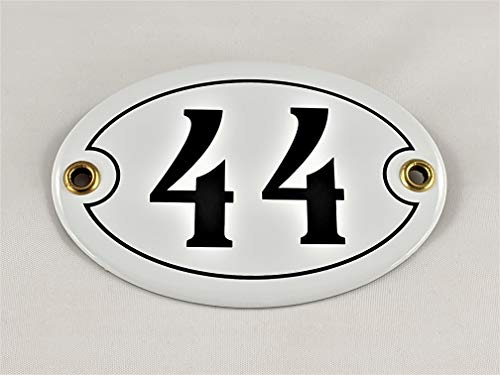 Emaille Hausnummer Schild Nr. 44, oval, Weiß-Schwarz Handarbeit
