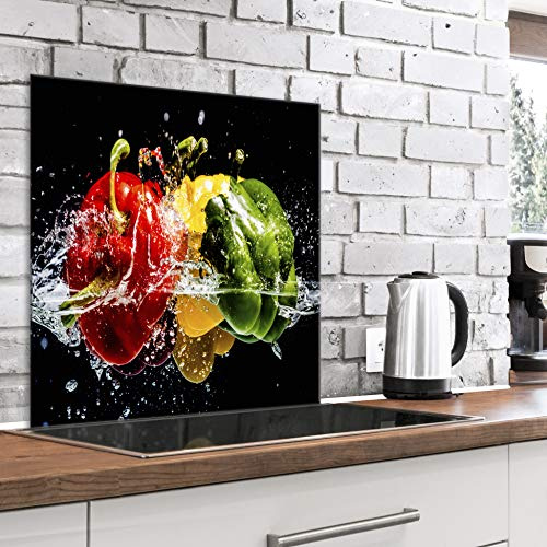 murando Glass Splashback for Kitchen Backsplash Cooker Protector Tempered Glass Decorative Wall Art Panel Heat Resistant Graphic 60x60 cm / 24x24 Vegetables Pepper Water j-B-0059-aq-a