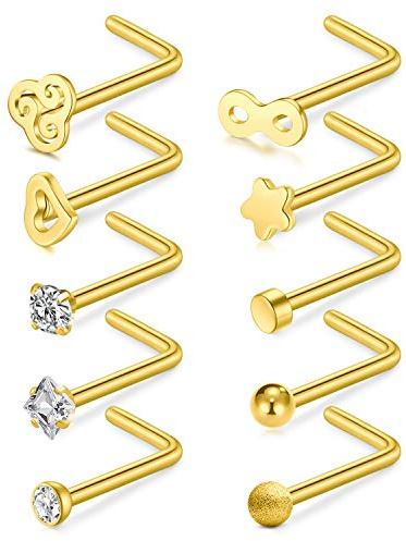 Rajnard Chirurgenstahl 18/20G Nasenpiercing Nasenring Nasenstecker Zirkon Piercing Diamant 20-34pcs Ring Stecker Nostril Piercing Nasenschmuck L Form C Silber Roségold Piercingschmuck