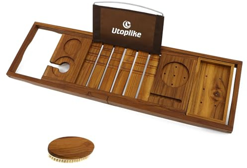 Utoplike Teak Wood Adjustable Bath Tray for Bathtub | Luxury Bath Board with Book Tablet, Wine Glass Cup Towel Holder, Body brush, Wooden Bathtub Rack Bathroom Shelf for Your Love