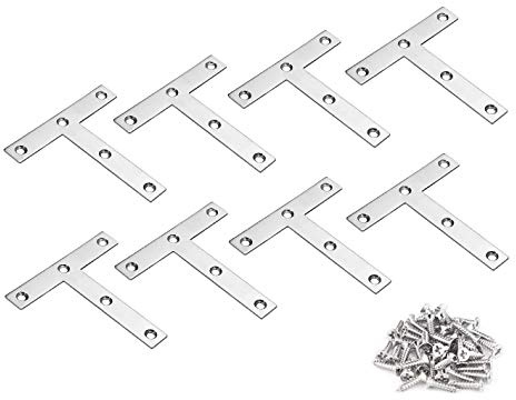 TERF® 8 Pcs Zinc Plated Steel 100mm X 100mm Flat '' T '' Shape Angel Corner Brace Bracket Joining Fixing Self Support Repair Mending Plates with Fixing Screw