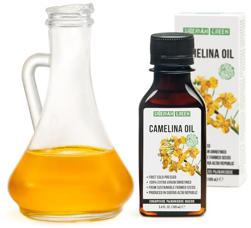 Olio di Camelina Siberiano | 100% Naturale Extra Vergine Pressato a freddo 100 ml / 3,4 fl oz | Non raffinato grezzo Vegano No-GMO | Grado alimentare esclusivo di Omega-3