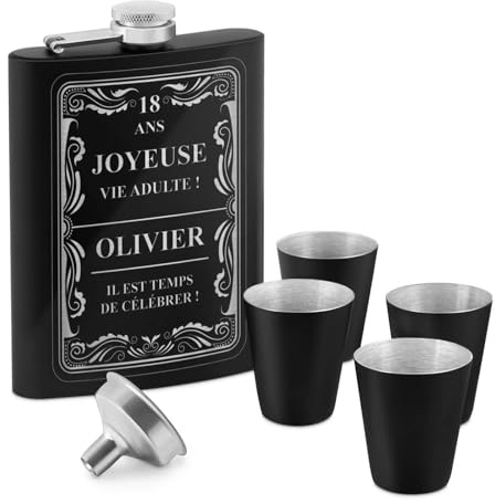 Maverton Flasque en Acier Inoxydable pour lui | Avec gravure, Set avec 4 verres à shot en acier, Pour hommes, Flacon personnalisé pour anniversaire, Vie adulte