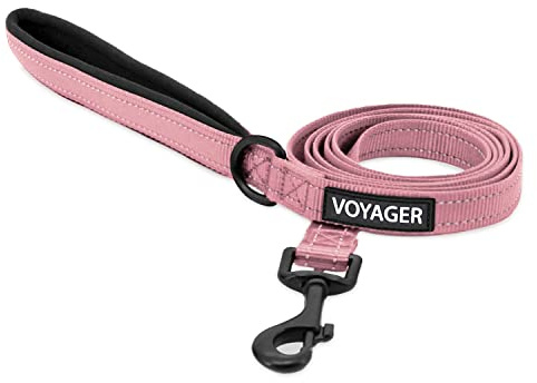 Voyager Reflekterande hundkoppel med neoprenhandtag, 1,5 m långt, stöder små, medelstora och stora rasvalpar, söta och slitstarka för promenader, löpning och träning – rosa, S