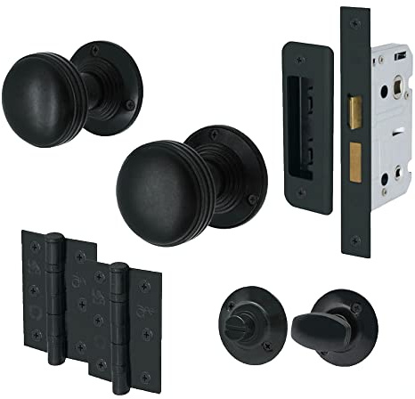 EAI Matt Black Door Knobs with Bathroom Lock 80mm and Hinges - Lined | Complete Bathroom Kit with 1 Pair of Lined Mortice 55mm Door Knobs, 80mm Bathroom Lock, 76mm Hinges, Fixings Included