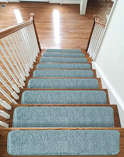 emmahome New Shiny Pile Carpet Stair Treads NON-SLIP MACHINE WASHABLE Mats/Rugs, 20mm Thickness, Indoor 22x67cm, (Turquoise, 15)