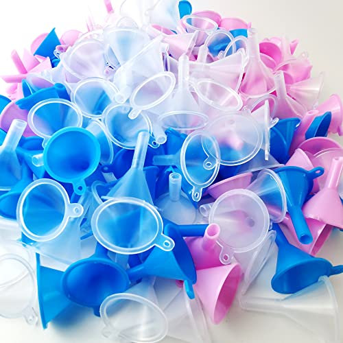 GXXMEI Confezione da 120 mini imbuto in plastica piccolo imbuto separatore per bottiglie da laboratorio, capsula, arte della sabbia, oli essenziali, profumi, spezie, polvere (3 colori)