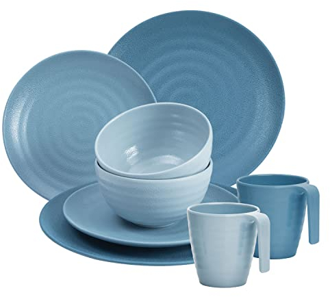 Melamin Camping Geschirr Set für 2 Personen - Tellern und Tassen - 8 Teile - Blau mit Oberflächenstruktur Campinggeschirr - Outdoor Tafelgeschirr Wohnwagen Wohnmobil Geschirrset
