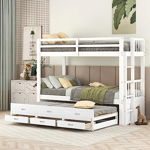 GBHJJ Litera 90x200cm, Cama Infantil, Cama casita para niñas y niños, Estructura de Cama de Pino y MDF con Escalera y Cama Nido y 3 cajones, Blanca