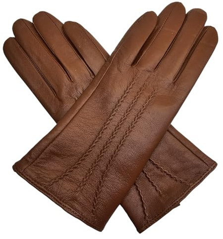 TheGloveHut Damen Handschuhe, weiches Echtleder, komplett gefüttert, 3 Dart-Details, in Geschenkbox, hautfarben, Small 6.5