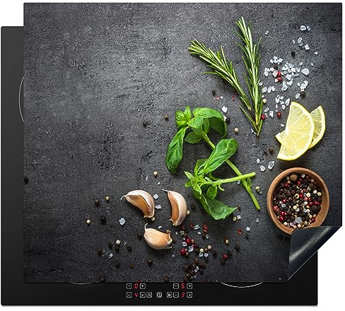 KitchenYeah© Induction Hob Cover Protector Mat Kitchen Universal Ceramic | 20.5x23.2 / 59x52 cm - Covers for Electric Cookers Vinyl Lime - Herbs - Spices - Green - Grey - Concrete