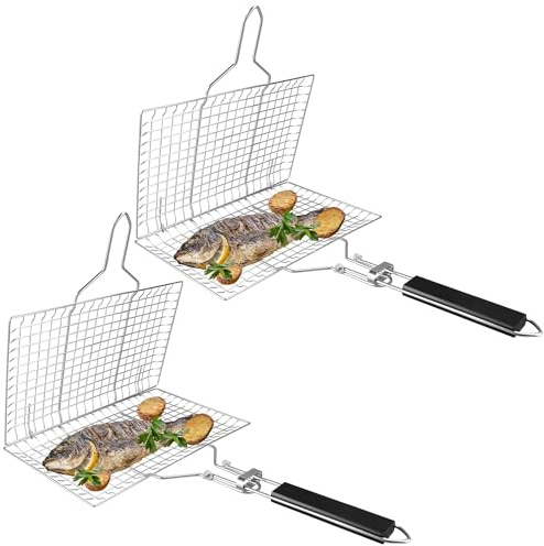 Mdvora Grillkorb für Fisch und Kleinigkeiten, Edelstahl, Rechteckig, Silber, zusammenklappbar, mit Grillreinigungsbürste (2 kleine Grillkörbe)