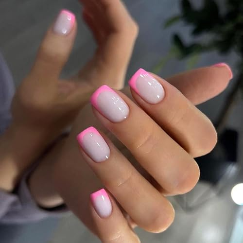 Ceboic 24 Stück Nägel zum Aufkleben Kurz Eckig, Weiß Rosa Rand French Künstliche Nägel, Square Kunstnägel Press on Nails mit Nagelkleber Aufkleber, Ballerina Acryl Fingernägel Fake Nails für Frauen