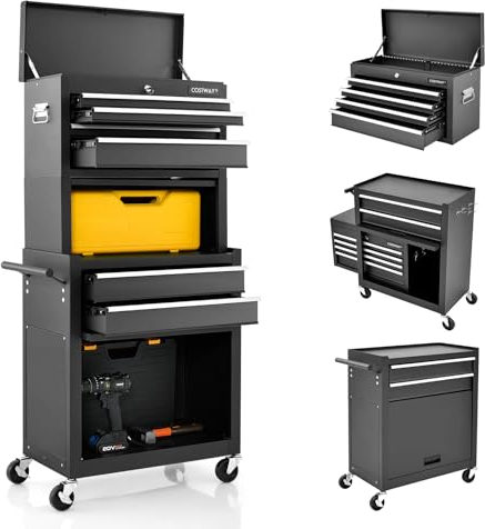 COSTWAY 2 in 1 Werkstattwagen inkl. Koffer & 9 Fächer & Haken, Werkzeugwagen Abschließbar auf Rädern ohne Werkzeug, Profi Werkstatt-Wagen Metall, 61,5 x 33 x 132 cm (Schwarz)