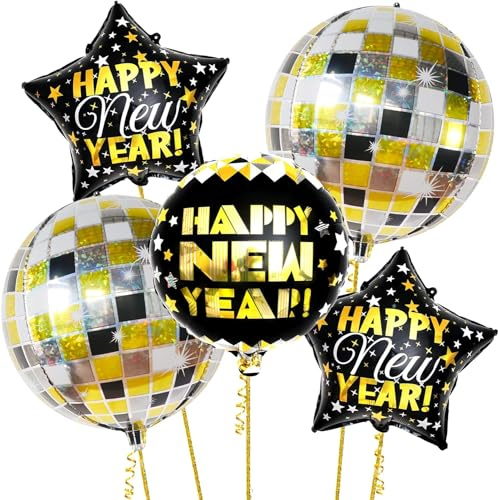 Silvester Deko 2024 Luftballon Set, 5 Stück Silvester Dekoration Folienballon, Happy New Year Deko Luftballons Gold, Neujahr Deko Ballon, Happy New Year Folienballon, Happy New Year Party Supplies