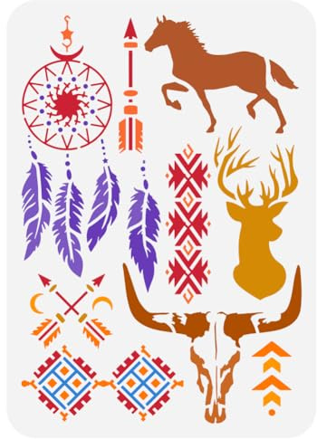 FINGERINSPIRE Südwest Malschablone 21x29.7 cm Groß Südwest Motiv Zeichenvorlage Wiederverwendbar Pferd Hirsch Stier Pfeile Schablone Zum Malen Tierthema Vorlage Für Möbeldekoration
