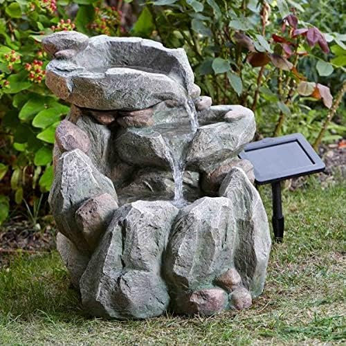 Garden Mile Modern Rock Fall Fuente de agua – Cascada al aire libre con energía solar de resina reciclable – Adornos de jardín, centro de mesa decorativo al aire libre para estanque, patio y