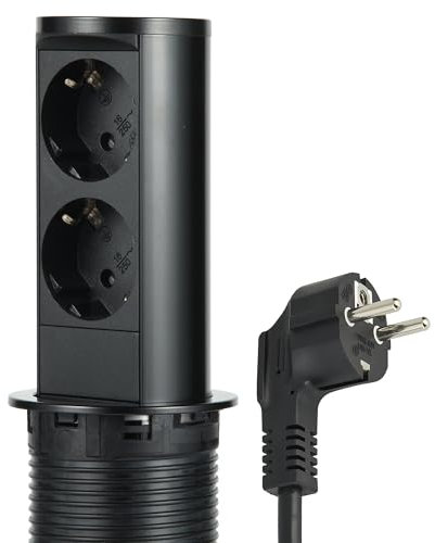 Electraline 62586 Multipresa Pop-up a Scomparsa per Scrivania/Cuina, Tavolo Presa a Incasso 2 Prese Schuko, Diametro Standard 60 mm, Cavo 2 m, Spina Schuko