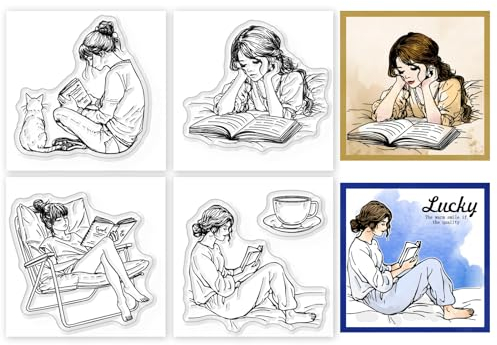 GLOBLELAND 4 Stück Mini Buch, Lesende Dame, Transparente Stempel Für DIY Scrapbooking, Silikon Stempelsiegel, Lazy Afternoon, Transparente Stempel Für Karten, Fotoalbum, Tagebuch, 2.2x2.2 Zoll