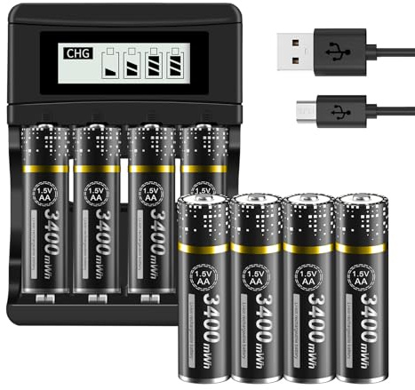 Palogreen 8 Pieces AA Battery With Charger - 1.5V/Lithium 3400mWh AA Batteries Rechargeable with LCD Display Fast Battery charger 4 Slot for Li-ion Mignon AA, Micro AAA Rechargeable Batte