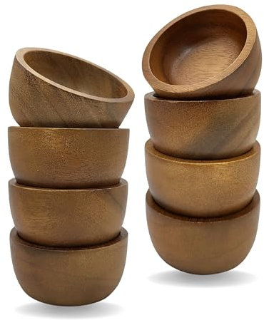 gwynth Small Wood Bowls (Set of 8), 2.8 x 1.3”, 2 oz | Charcuterie Accessories | Hand Carved Small Acacia Wood Dipping Bowls for Sauce, Salsa, Snack, Prep, Condiments, Dressings