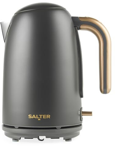 Salter EK6085CB Pebble Kettle – 1.7 L Fast Boil Electric Tea Kettle, Removable Limescale Filter, Water Level Indicator, 360° Swivel Base, Viewing Window, Boil Dry Protection, Flip Lid, 3kW, Grey/Gold