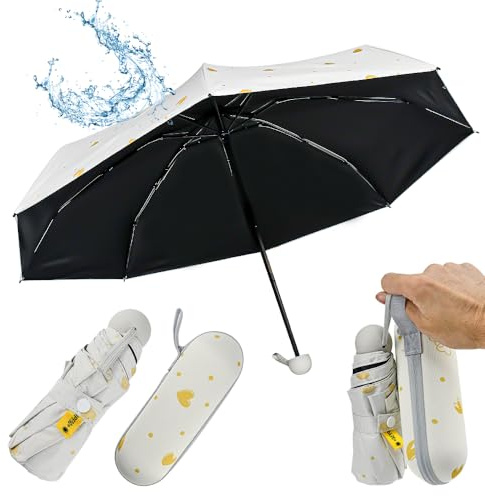 SLTAXAR Mini Paraguas con Estuche, Paraguas Plegable Pequeño con 8 Varillas, Paragua de Bolsillo para Mujer y Hombre, Paragua Compacto Portátil para Sol y Lluvia (Blanco con corazón)