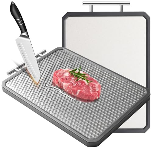 Tabla de cortar de acero inoxidable para cocina, diseño de malla antideslizante de doble cara resistente a los arañazos con ranura para jugo, paja de trigo de grado alimenticio, polipropileno grande