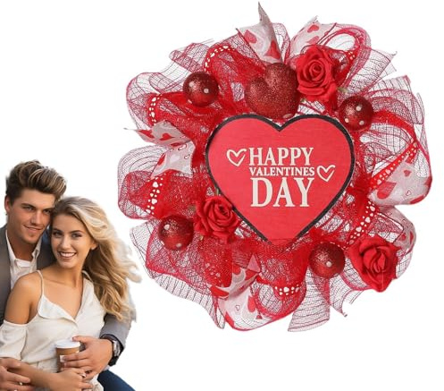 Xinhuju Corona per Porta di San : Corona di Rose Artificiali Natalizie con Cuori e Palline, Decorazione Romantica per la casa, Decorazioni a Corona da Appendere Natalizi 40 cm / 15,