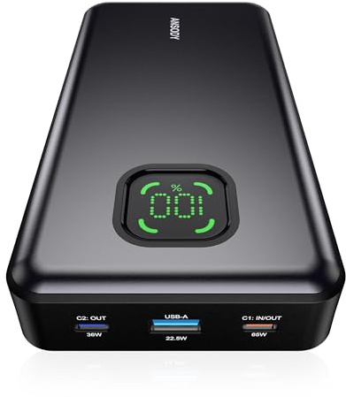 ANSODY Power Bank 65W 25000mAh Powerbank Laptop Klein Aber Stark, 100W Max Externe Handyakkus LED Display USB C Input&Output, Akkupack für iPhone 17 16 15 14 Xiaomi iPad Travel Camping Outdoor (Gray)