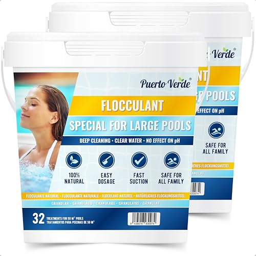 Puerto Verde • Floculant Naturel 64 Traitements. Clarifiant pour Les Grandes Piscines et Les Spas. Éliminateur de Turbidité pour Une Eau Cristalline. Format Granulé à Utilisation Sûre.