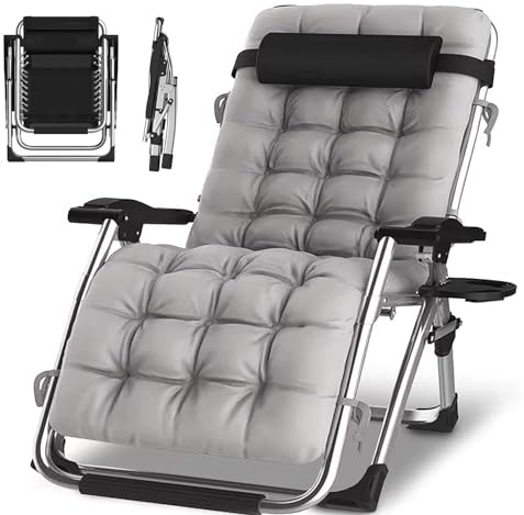 ONKBOITE Sedia a Sdraio Pieghevole da Giardino, Nessuna Installazione, con Supporto per Bevande, Sdraio Relax con Cuscino, Traspirante, per Patio, Giardino, Sedie da Campeggio (Grigio, 84cm)