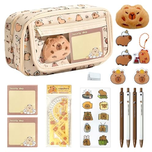 Estuche para Lápices Carpincho, con 9 Compartimentos, Suministros Escolares Capybara, Juego de Papelería Carpincho, Lindo Juego de Papelería Multifuncional Carpincho, Para Niña Niños Estudiantes