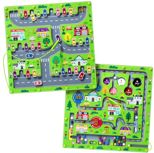 Montessori Toys for Boys and Girls 3-5 Age 2 in 1 Magnetic Color and Number Maze Car Zoo Maze Magnet Alphabet Counting Double Sided Board Wood Puzzle Preschool Toys Gifts (Big Car, One Size)