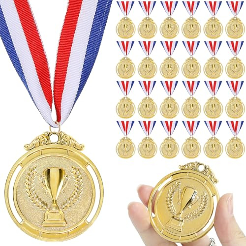 24 Pc Kids Football Medals Bulk, Gold Award Medals Set, 5 cm Olympic Style Gold Metal Medals with Ribbons for Children Games Party Favors Prizes Awards Adults School Team Gifts