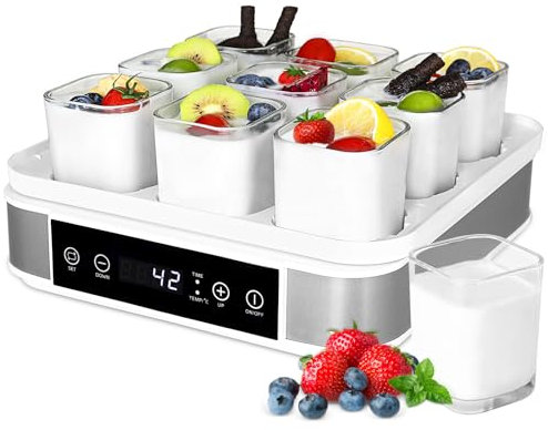 Yogurtera, Yogurtera Eléctrica, Maquina para Hacer Yogur Casero, Yogurtera para Yogur, Queso Fresco y Queso Crema, con 9 Tarros de 170 ml con Tapa, con Temporizador, Termostato Ajustable, 40 W