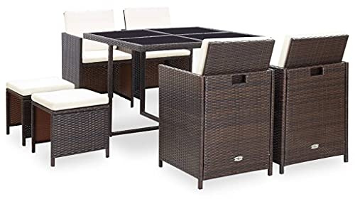 Qnhdfrt Rattan Essgruppe 9-teilig Braun mit Polster Auflagen Gartenmöbel Set aus PE Geflecht und Stahl für Terrasse Balkon Garten