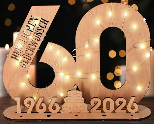 Giftota - 2026 Originelle 60 Geburtstag Geschenk Frauen & Männer - 60 Diamantene Hochzeit - Geldgeschenke Geburtstag 60 mit LED Lichterkette Ständer - Holz-Schild Gästebuch - 60 Geburtstag Deko