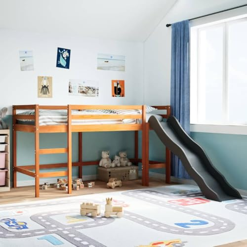 Runheo Lit mezzanine pour enfant en pin massif marron cire, 80 x 200 cm, avec toboggan et échelle, protection anti-chute sûre, pour enfants à partir de 6 ans, utilisation polyvalente de l'espace