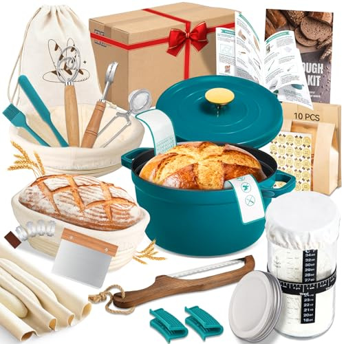 NZQXJXZ Sauerteig Brot Bakset mit Emaillepott und Gärkorb, Brotbackset, 100% Natürlichem Rattan Gärkörbchen, Gusseisen Topf Brot Backen Emailliert Set für für Anfänger und Erfahrener Bäcker