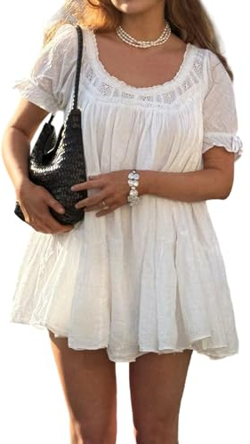 Women Puff Sleeve Babydoll Mini Dress Y2K Lace Trim Ruffle Flowy Dresses Summer Loose Swing Going Out Sundresses