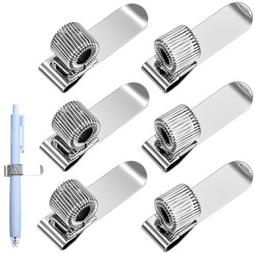 Bremorou pennögla pennhållare fickklämma, 6 stycken metallpennhållare klämmor med justerbar fjäderring i rostfritt stål hållare ögla pennor organizer för anteckningsbok och kontor clipboard (silver)