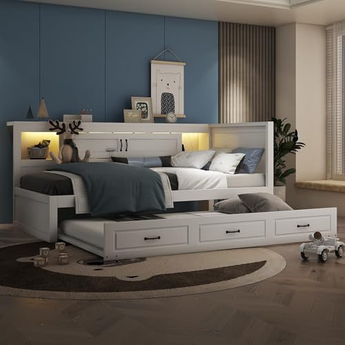 ECLIVON Schlafsofa Kinderbett 90x200 mit Ausziehbares Bett, Bodenbett mit LED-Beleuchtung und USB, Einzelbett mit Stauraum und Türen, Sofa Bett Bettgestell mit Lattenrost, Ohne Matratze (Weiß)