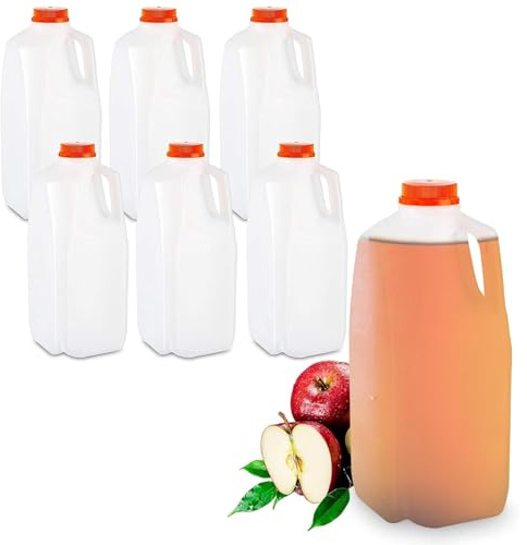 MT Products 64 Oz HDPE Plastic Juice Bottles with Orange Tamper Evident Caps Set of 6 Bottles and 6 Caps - Made in The USA