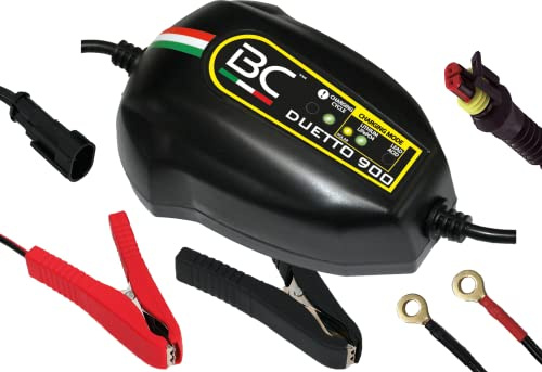 BC DUETTO 900, Caricabatterie e Mantenitore Intelligente 1 Amp per Batterie 12V Litio e 12V Piombo-Acido, adatto per Moto, Scooter, Quad, Motoslitte, Moto d'acqua e per tutte le batterie fino a 100Ah